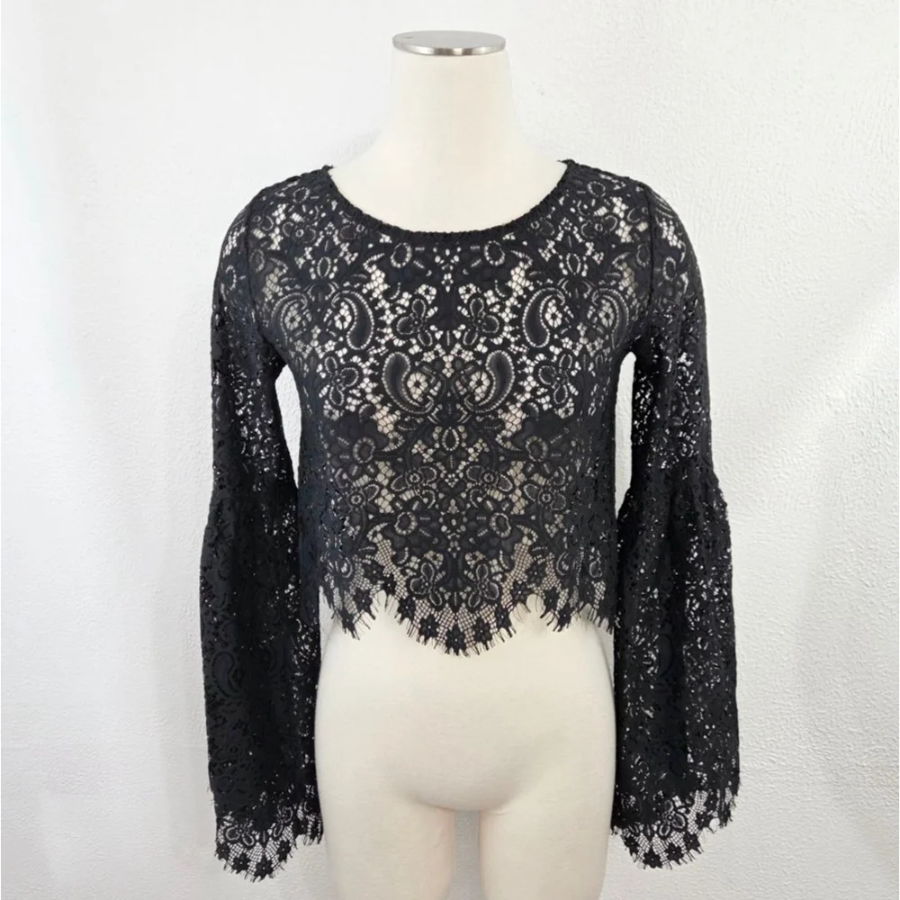 For Love & Lemons Vika black lace top bell sleeve sheer scalloped women's small